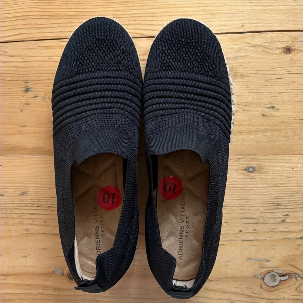 Adrienne Vittadini Niko slip-on sneakers black fabric woven espadrille Size 10